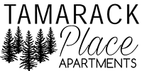 A logo for Tamarack Place Apartments featuring trees.