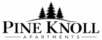 The image is a logo for Pine Knoll Apartments, featuring a black and white design with pine trees.