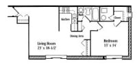 1 Bedroom 1 Bath floor plan, 575 to 650 square feet at Settler Place Apartments