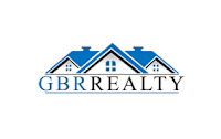 A blue and white logo for GBR Realty.