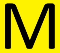 A large black letter M on a yellow background.
