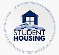 A logo for student housing features a house and waves.
