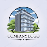 A company logo featuring a building and trees.