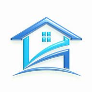 A stylized image of a house with a blue roof and a white background.