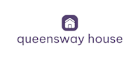 a blue and white logo with the words queensway house