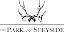 A black and white image of a deer skull with the words "The Park at Speyside" written below it.