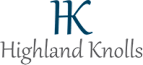 The image shows a stylized text logo with a large blue letter "K" and the words "Highland Knolls" beneath it.