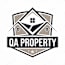 A logo for QA Property features a stylized house in the center of a shield.