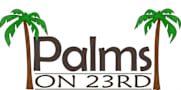 A logo with the words "Palms on 23rd" and two palm trees.