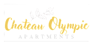 A logo for Chateau Olympic Apartments featuring a stylized olive branch.