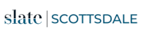 The image is a logo with the words "slate" and "SCOTTSDALE" written in blue.