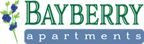 A logo for Bayberry Apartments with a blue background and a green and blue flower.