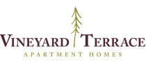 Vineyard Terrace Property Logo in burgundy and lime green colors