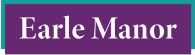 the logo for earle manor in white on a purple background