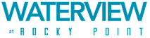 A blue and green sign that says "Waterview at Rocky Point".