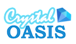 The image features the text "Crystal OASIS" with a blue geometric shape to the right of the text.