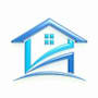 A stylized image of a house with a blue roof and a white background.