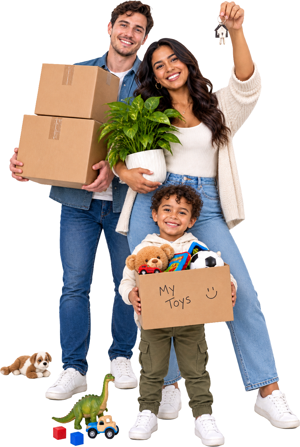 A family on move-in day, holding up the keys to their new home