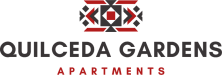 the logos for quilleda gardens and apartments with a green background and a red