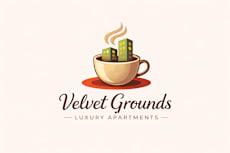 A logo for Velvet Grounds Luxury Apartments features a cup of coffee with steam and three buildings.