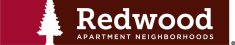 the logo for redwood apartments with a red background and white