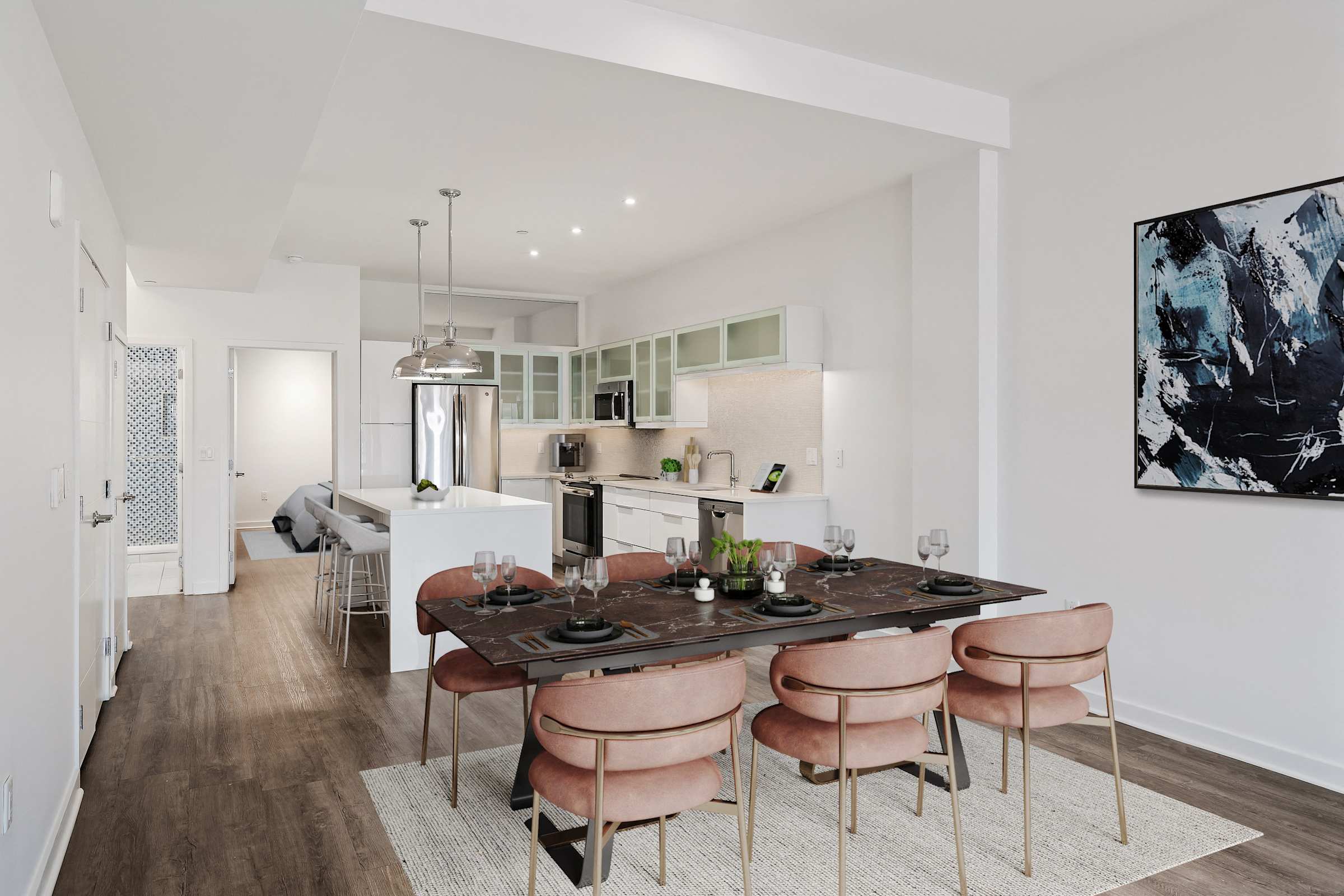 Open-concept living and dining room at Sky on Main with a table, chairs, and city views