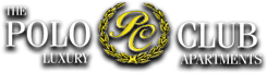 The logo for Polo Club Luxury Apartments features a gold "P" in a laurel wreath.