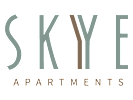 The image shows a logo for "SKYE APARTMENTS" with a green background.