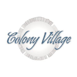 the logo for colony village is shown in a white circle