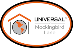 A logo with a house and a globe in the middle and the text UNIVERSAL at Mockingbird Lane.