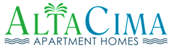 A logo for Alta Cima Apartment Homes featuring a palm tree.