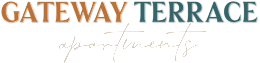 The image displays the words "Gateway Terrace" in large, colorful letters, with the word "apartments" written underneath in a smaller font.