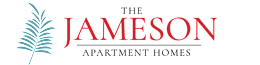 The image shows a logo with the text "The Jameson Apartment Homes" in red on a black background.