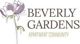 A logo for Beverly Gardens Apartment Community with a flower.
