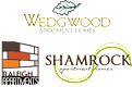 Three apartment home logos are displayed, one for Wedgewood, one for Shamrock, and one for Raleigh Apartments.