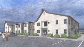 a rendering of a white building with people walking in front of it