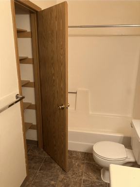 a bathroom with a toilet and a bath tub