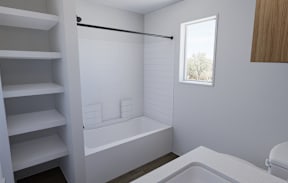 A white bathroom with a tub, sink, and shelves.