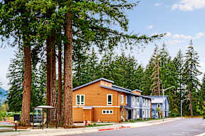 a row of houses on the side of a street with trees