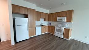 A kitchen with white appliances and wooden cabinets.