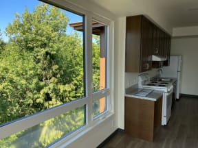 a kitchen with a large window and a view of a tree