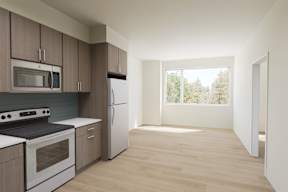 A kitchen with wooden cabinets and a white refrigerator.
