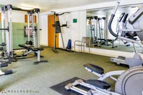 A well-equipped gym with various exercise machines and weights.
