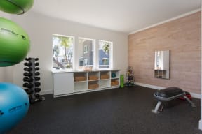 a workout room in a home with a yoga ball and exercise equipment