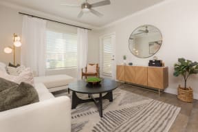 a living room with a couch and a coffee table