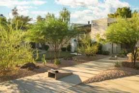 a courtyard with trees and a house in the background