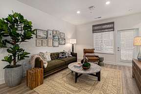 A living room with a couch, chair, and potted plant.