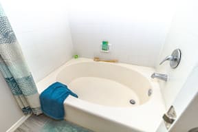 a bathroom with a bathtub and a shower curtain