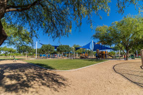 a playground with trees in the foreground and a building in the background