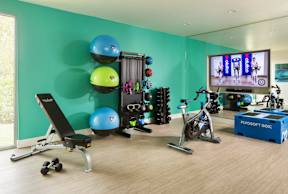 A home gym with a variety of exercise equipment including a stationary bike, a rowing machine, and a bench press.